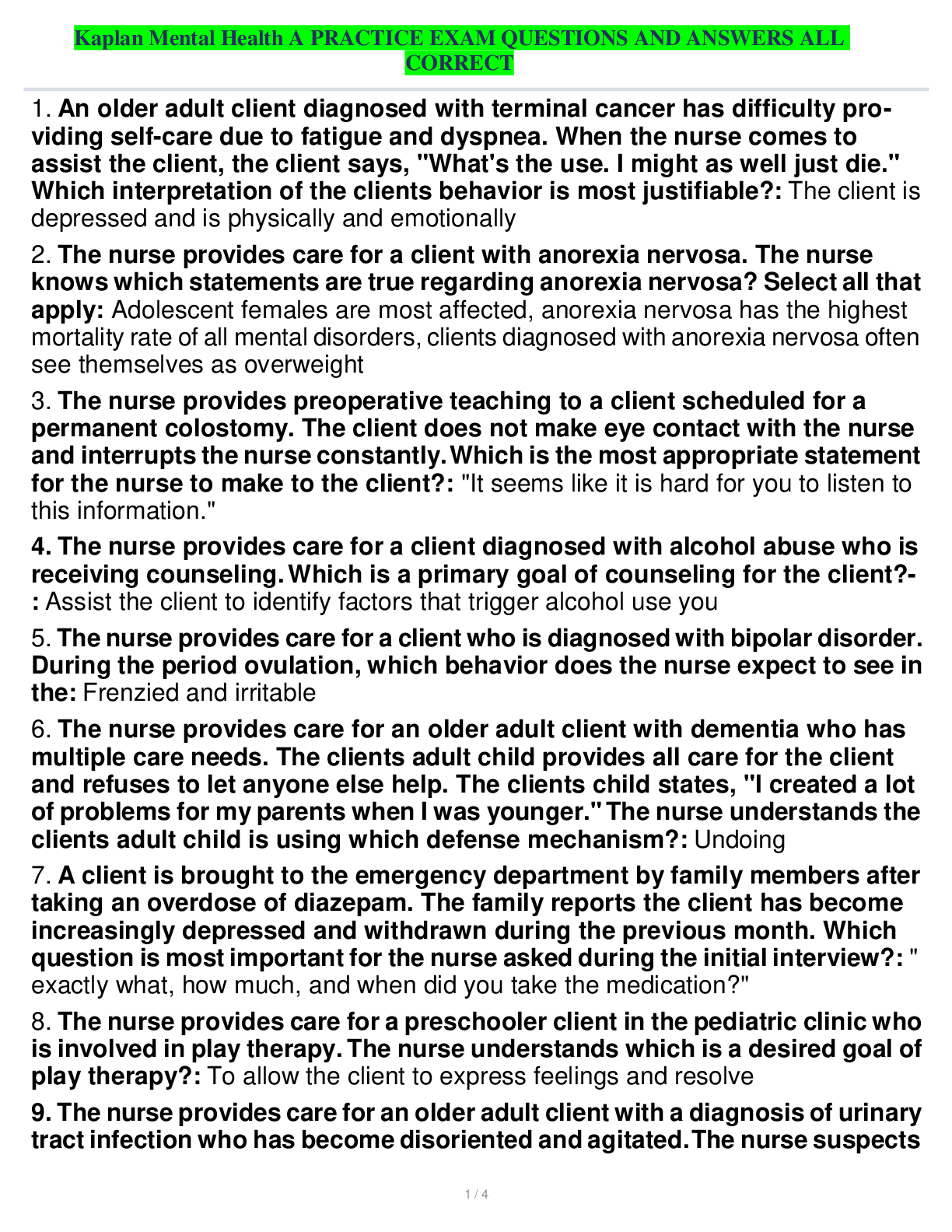 Kaplan Mental Health A PRACTICE EXAM QUESTIONS AND ANSWERS ALL CORRECT